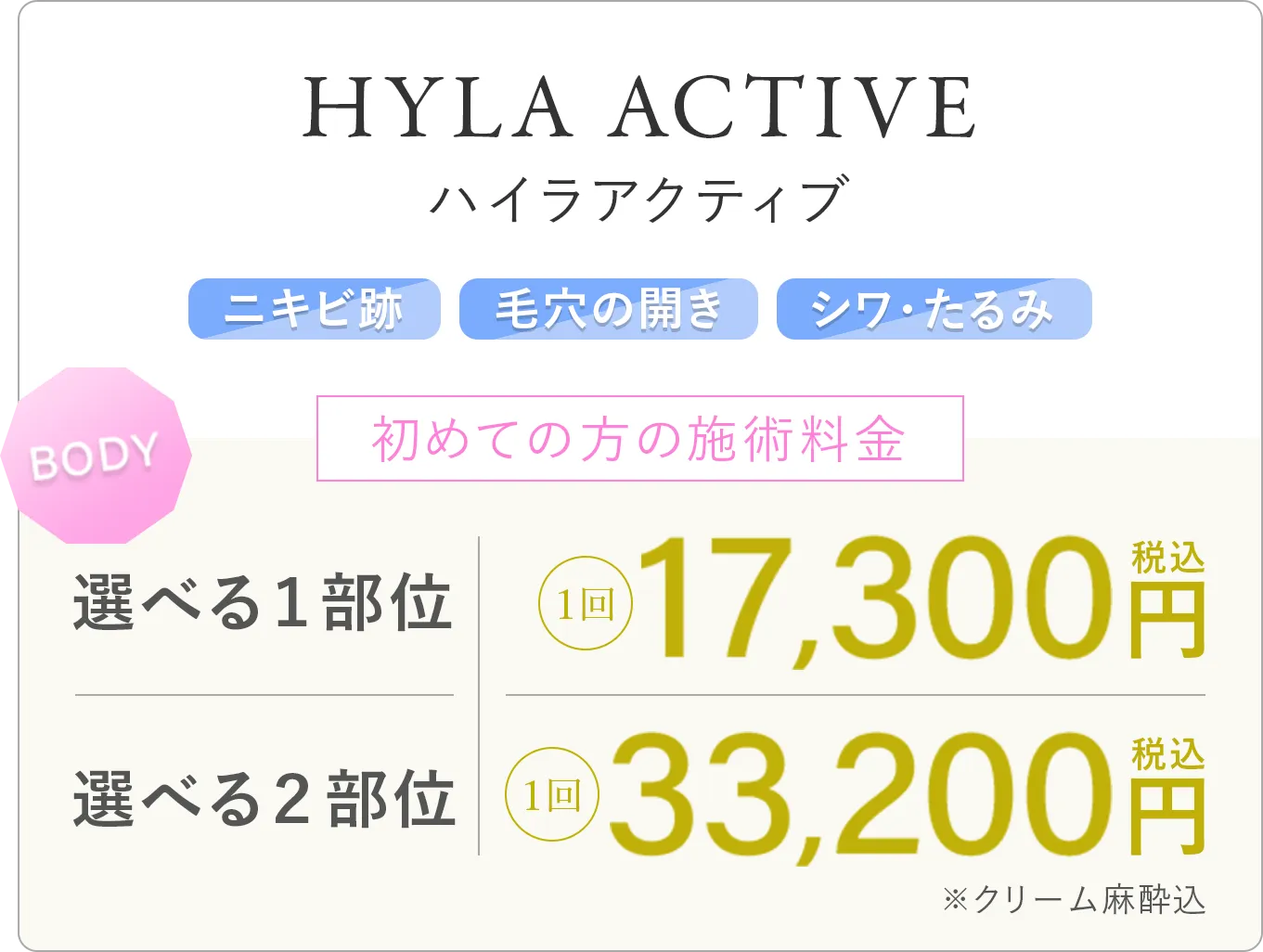 ハイラアクティブ ニキビ跡 毛穴の開き シワ・たるみ 初めての方の施術料金 選べる1部位:1回 17,300円(税込) 選べる2部位:1回 33,200円(税込)※クリーム麻酔込み