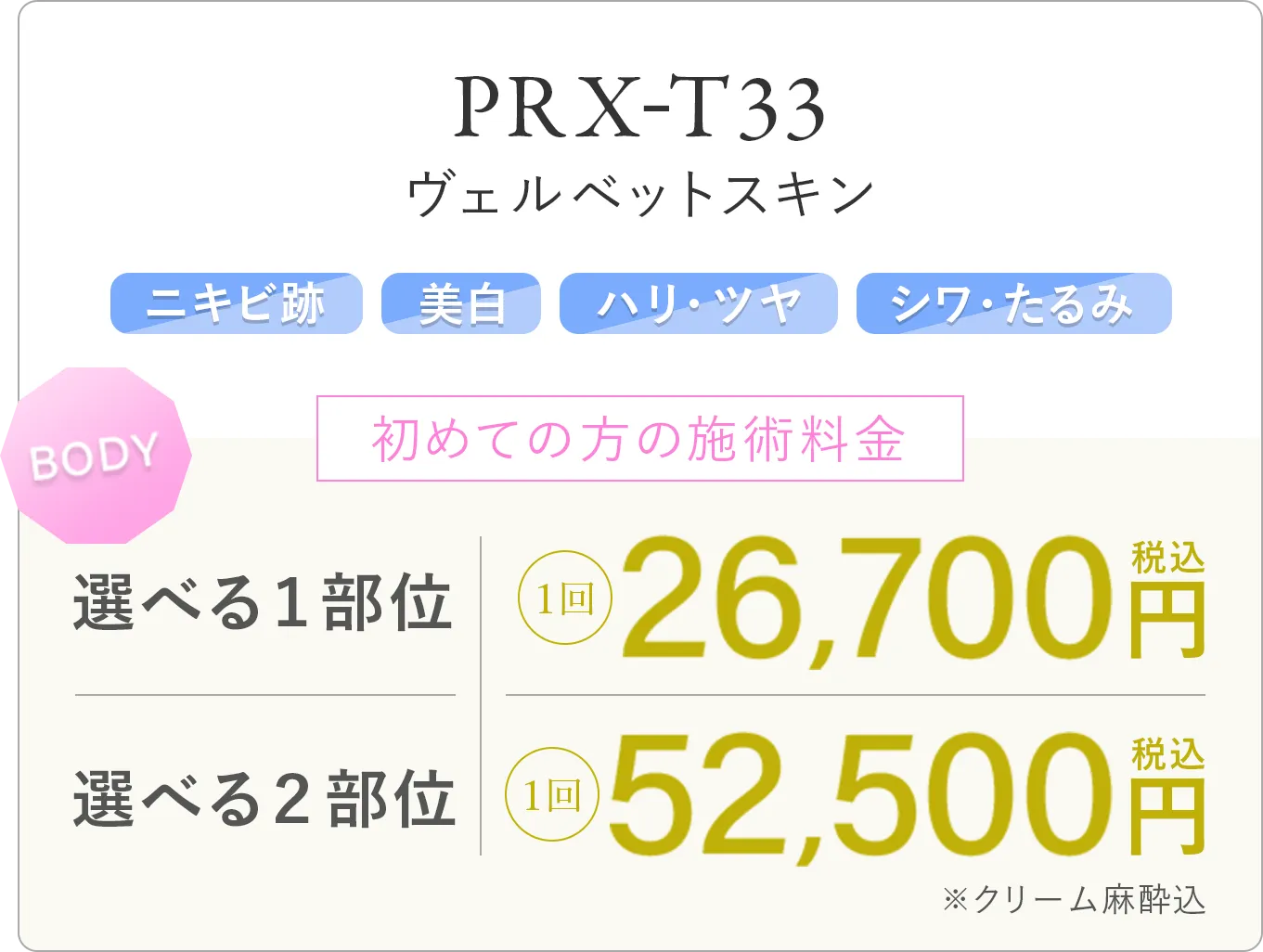 ヴェルベットスキン ニキビ跡 美白 ハリ・ツヤ シワ・たるみ 初めての方の施術料金 選べる1部位:1回 26,700円(税込) 選べる2部位:1回 52,500円(税込)※クリーム麻酔込み