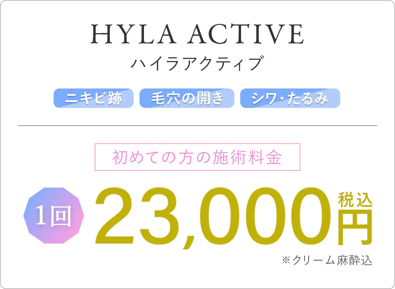 ハイラアクティブ ニキビ跡 毛穴の開き シワ・たるみ 初めての方の施術料金 1回 23,000円(税込)※クリーム麻酔込み